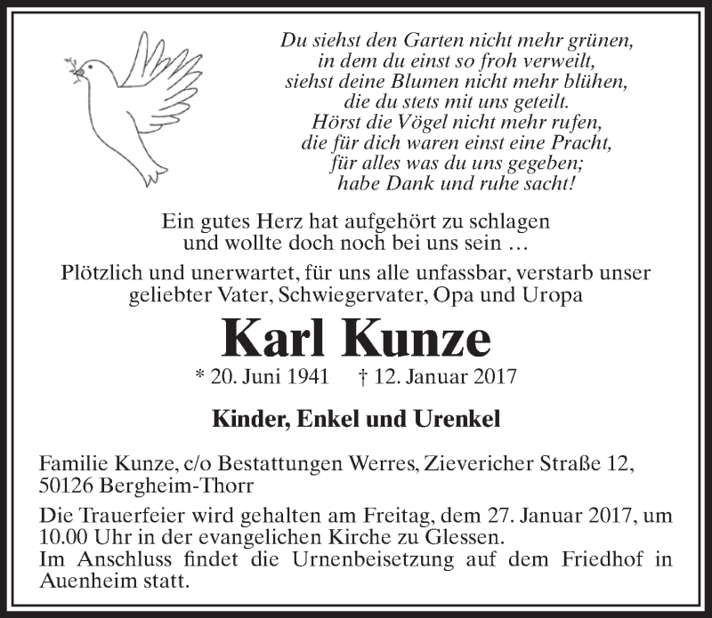  Traueranzeige für Karl Kunze vom 21.01.2017 aus  Sonntags-Post 