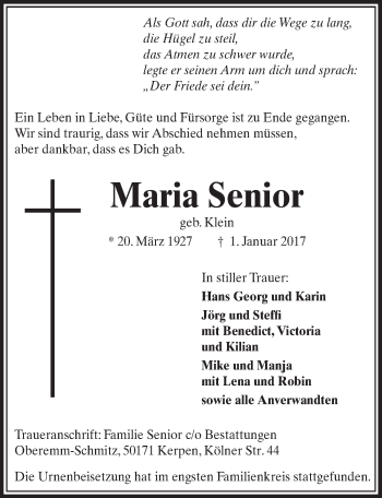 Anzeige von Maria Senior von  Sonntags-Post 