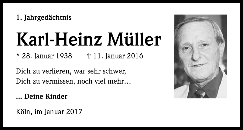  Traueranzeige für Karl-Heinz Müller vom 11.01.2017 aus Kölner Stadt-Anzeiger / Kölnische Rundschau / Express