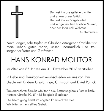 Anzeige von Hans Konrad Molitor von Kölner Stadt-Anzeiger / Kölnische Rundschau / Express