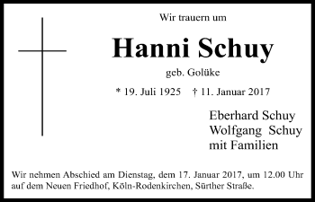 Anzeige von Hanni Schuy von Kölner Stadt-Anzeiger / Kölnische Rundschau / Express