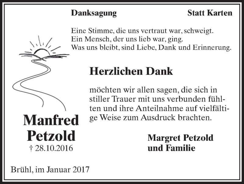  Traueranzeige für Manfred Petzold vom 25.01.2017 aus  Schlossbote/Werbekurier 