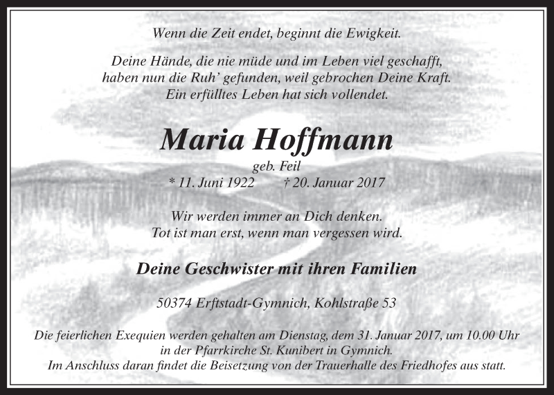  Traueranzeige für Maria Hoffmann vom 25.01.2017 aus  Werbepost 