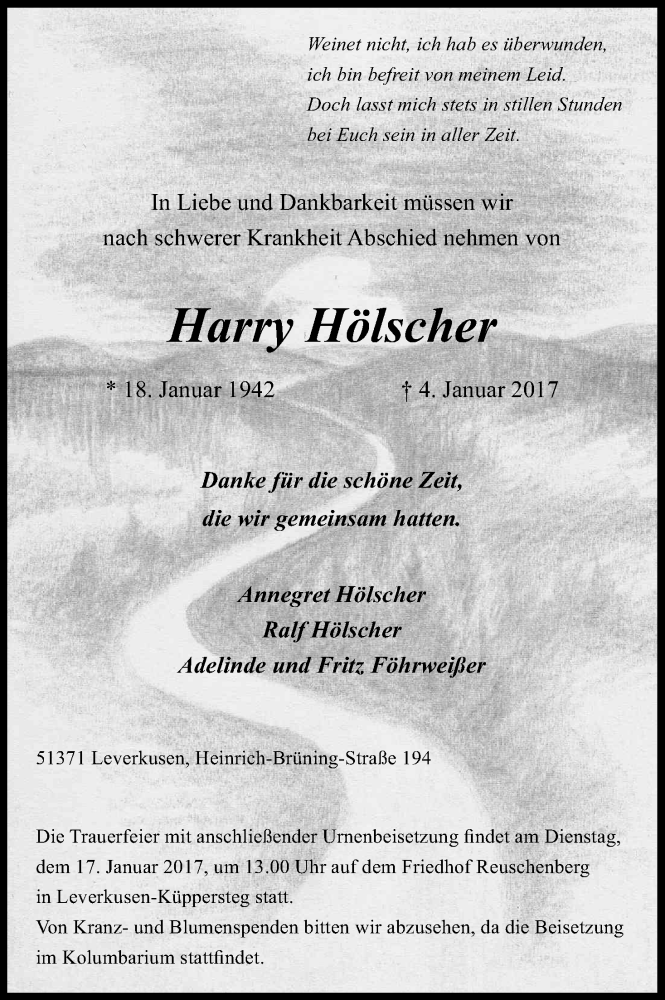  Traueranzeige für Harry Hölscher vom 14.01.2017 aus Kölner Stadt-Anzeiger / Kölnische Rundschau / Express