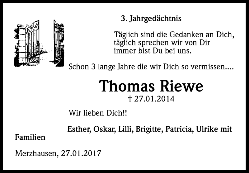  Traueranzeige für Thomas Riewe vom 27.01.2017 aus Kölner Stadt-Anzeiger / Kölnische Rundschau / Express
