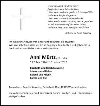 Anzeige von Anni Mürtz von Kölner Stadt-Anzeiger / Kölnische Rundschau / Express