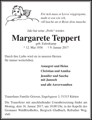 Anzeige von Margarete Teppert von  Bergisches Sonntagsblatt 