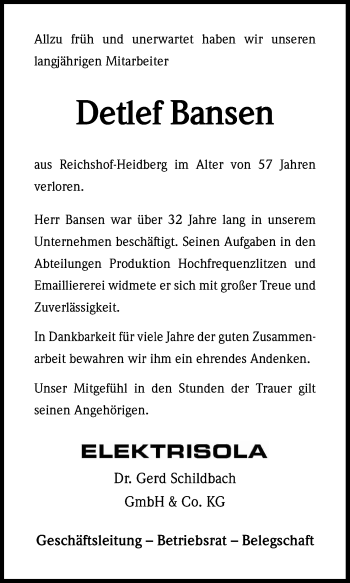 Anzeige von Detlef Bansen von Kölner Stadt-Anzeiger / Kölnische Rundschau / Express