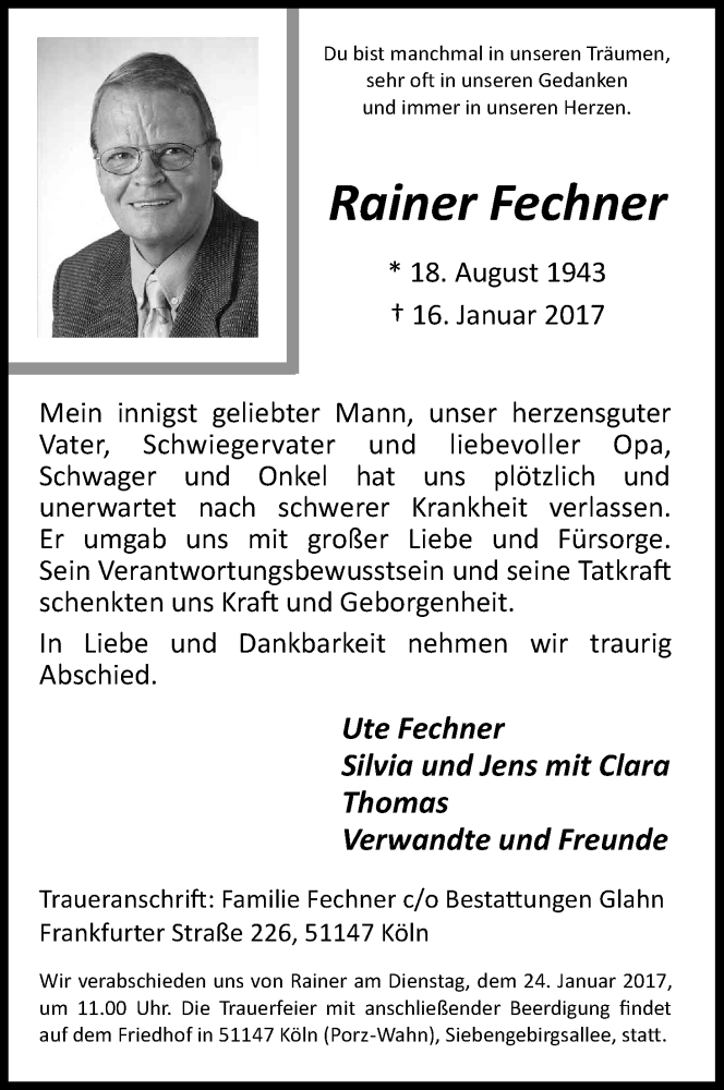  Traueranzeige für Rainer Fechner vom 21.01.2017 aus Kölner Stadt-Anzeiger / Kölnische Rundschau / Express