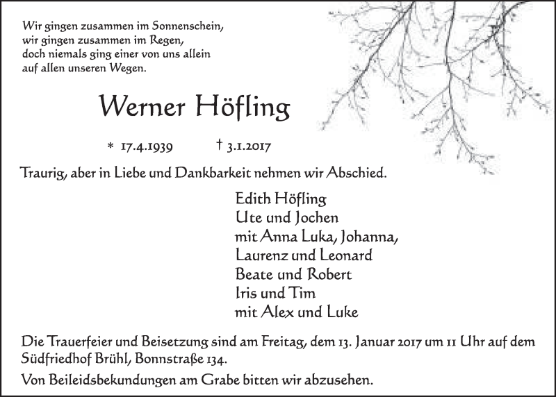  Traueranzeige für Werner Höfling vom 11.01.2017 aus  Schlossbote/Werbekurier 