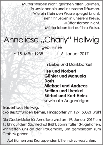 Anzeige von Anneliese Hellwig von  Schlossbote/Werbekurier 