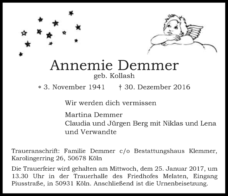  Traueranzeige für Annemie Demmer vom 21.01.2017 aus Kölner Stadt-Anzeiger / Kölnische Rundschau / Express