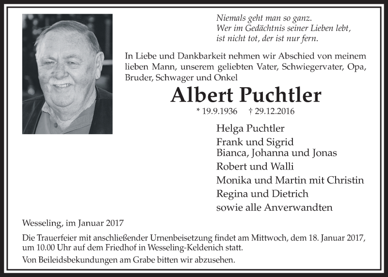 Traueranzeige für Albert Puchtler vom 11.01.2017 aus  Schlossbote/Werbekurier 