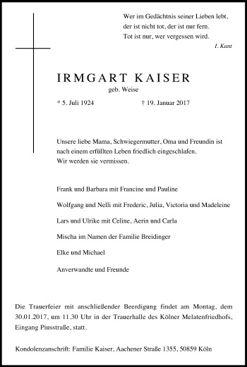 Anzeige von Irmgart Kaiser von Kölner Stadt-Anzeiger / Kölnische Rundschau / Express