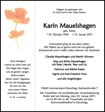 Anzeige von Karin Mauelshagen von Kölner Stadt-Anzeiger / Kölnische Rundschau / Express