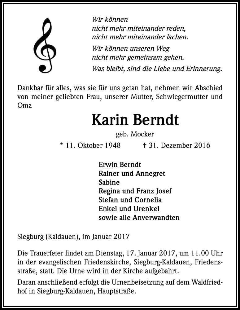  Traueranzeige für Karin Berndt vom 11.01.2017 aus Kölner Stadt-Anzeiger / Kölnische Rundschau / Express