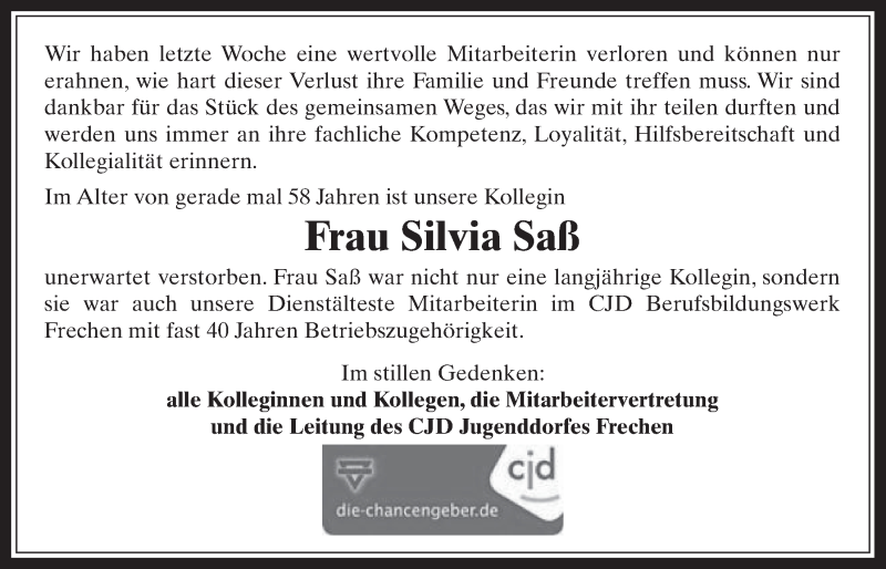  Traueranzeige für Silvia Saß vom 01.02.2017 aus  Wochenende 