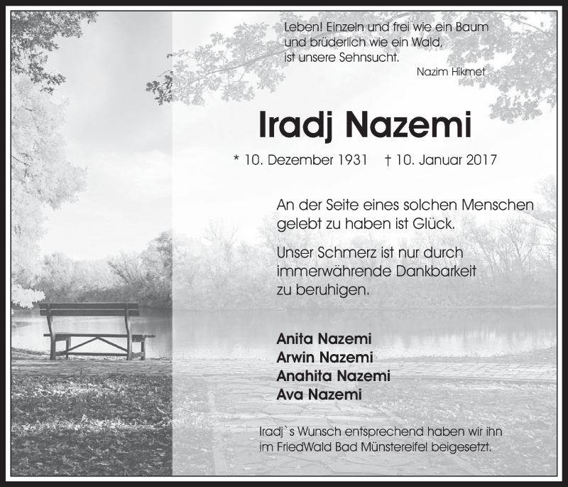  Traueranzeige für Iradj Nazemi vom 01.02.2017 aus  Werbepost 