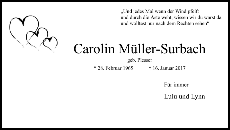  Traueranzeige für Carolin Müller-Surbach vom 21.01.2017 aus Kölner Stadt-Anzeiger / Kölnische Rundschau / Express