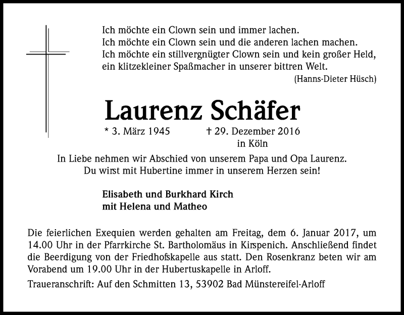  Traueranzeige für Laurenz Schäfer vom 03.01.2017 aus Kölner Stadt-Anzeiger / Kölnische Rundschau / Express