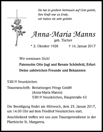 Anzeige von Anna-Maria Manns von Kölner Stadt-Anzeiger / Kölnische Rundschau / Express