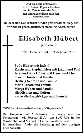 Anzeige von Elisabeth Hübert von Kölner Stadt-Anzeiger / Kölnische Rundschau / Express