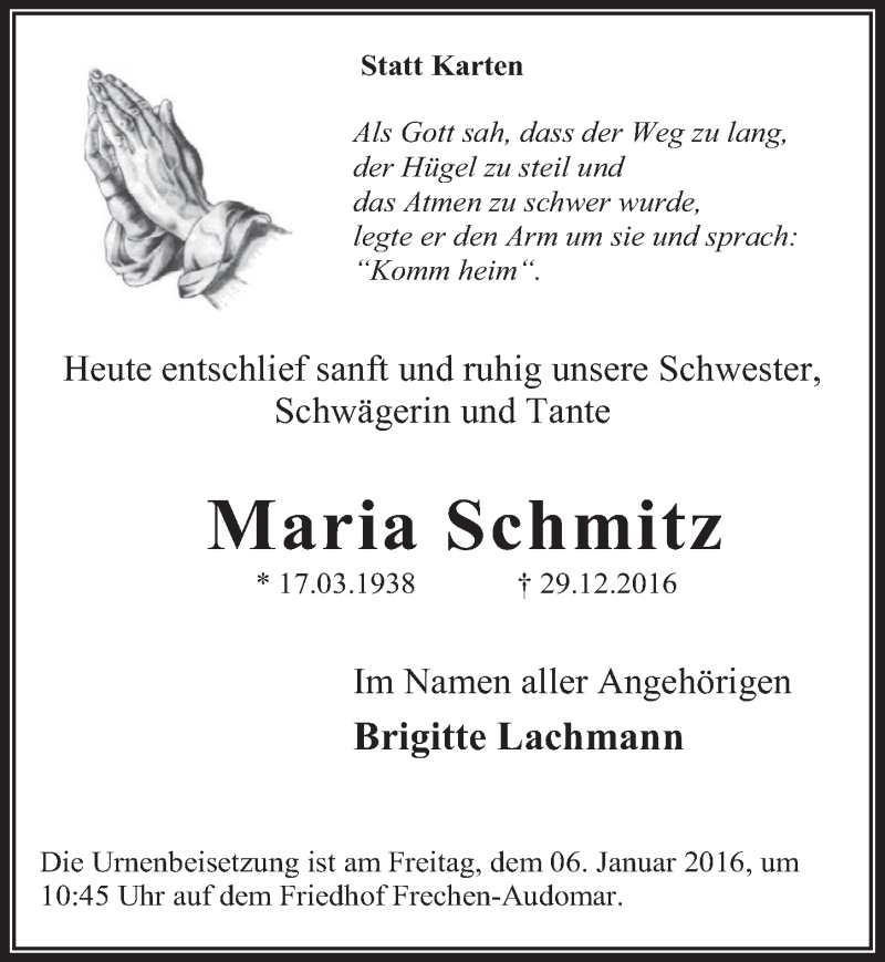  Traueranzeige für Maria Schmitz vom 04.01.2017 aus  Wochenende 