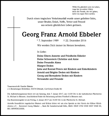 Anzeige von Georg Franz Arnold Ebbeler von Kölner Stadt-Anzeiger / Kölnische Rundschau / Express