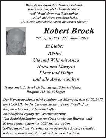 Anzeige von Robert  Brock von  Sonntags-Post 