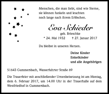 Anzeige von Eva Schieder von Kölner Stadt-Anzeiger / Kölnische Rundschau / Express