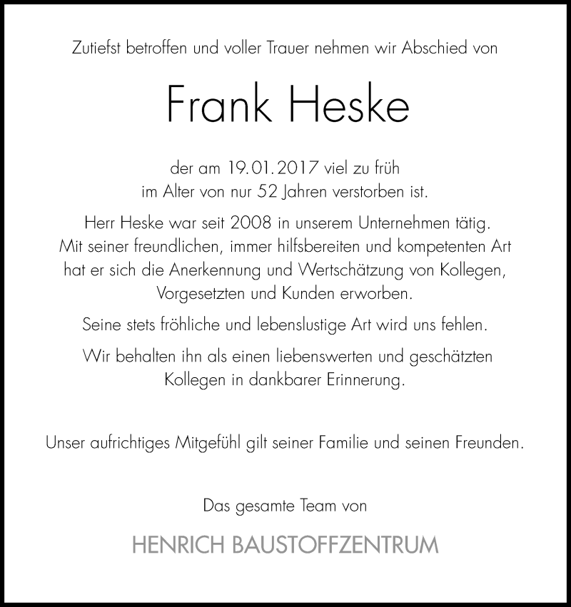  Traueranzeige für Frank Heske vom 28.01.2017 aus Kölner Stadt-Anzeiger / Kölnische Rundschau / Express