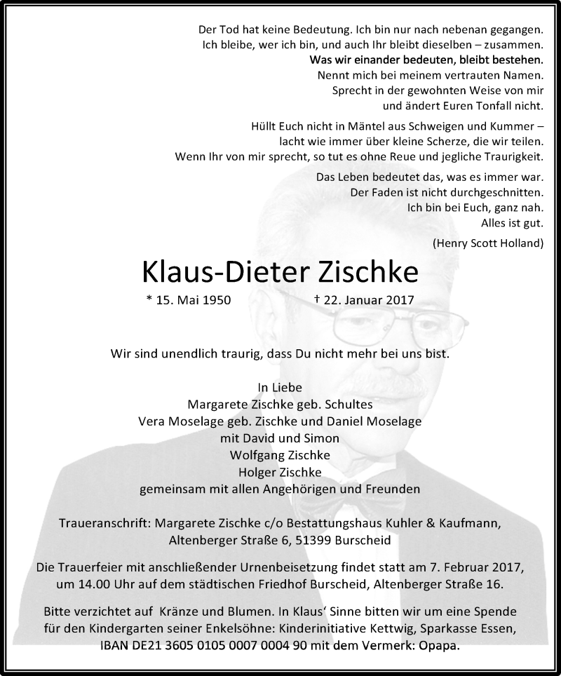  Traueranzeige für Klaus-Dieter Zischke vom 28.01.2017 aus Kölner Stadt-Anzeiger / Kölnische Rundschau / Express