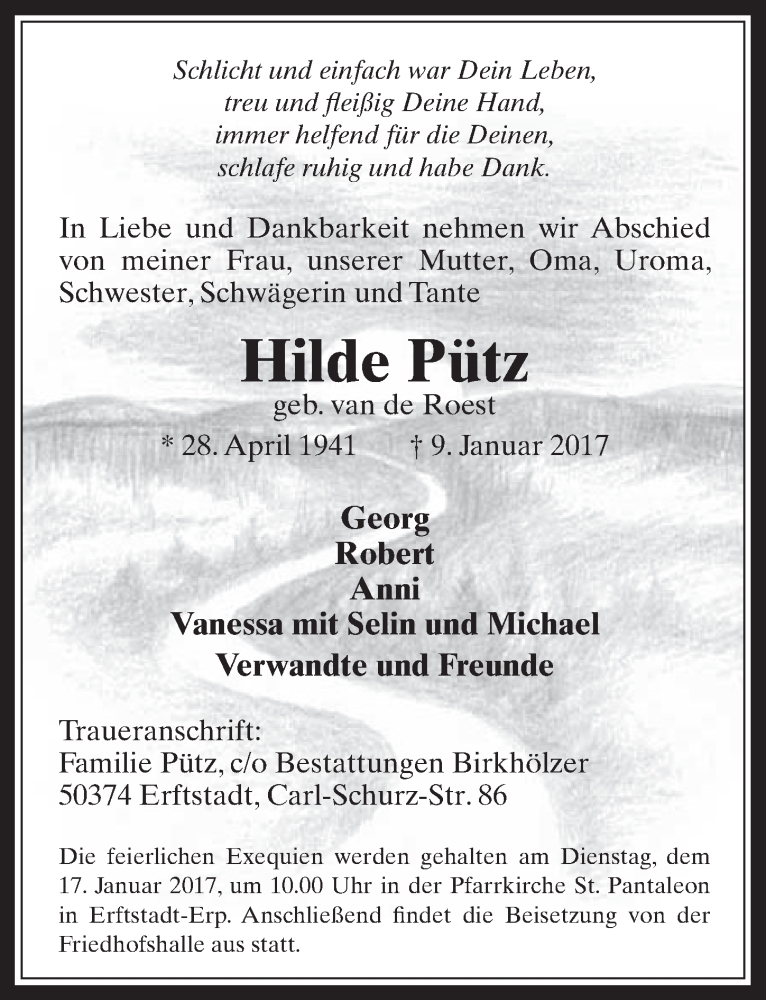  Traueranzeige für Hilde Pütz vom 14.01.2017 aus  Sonntags-Post 