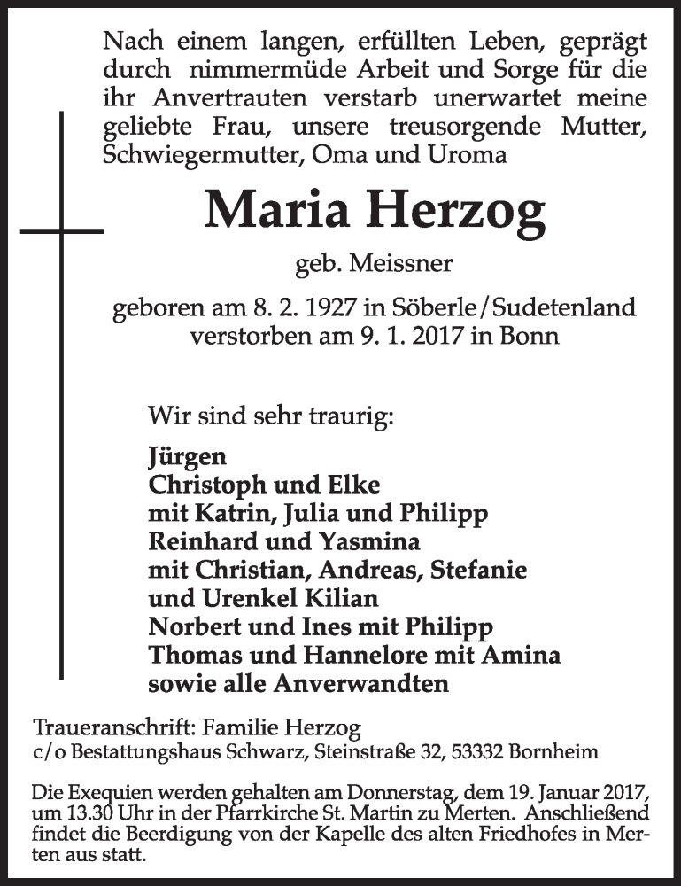  Traueranzeige für Maria Herzog vom 18.01.2017 aus  Schlossbote/Werbekurier 