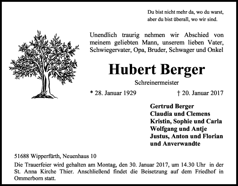  Traueranzeige für Hubert Berger vom 24.01.2017 aus Kölner Stadt-Anzeiger / Kölnische Rundschau / Express