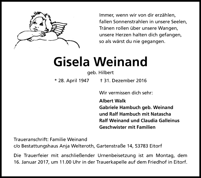  Traueranzeige für Gisela Weinand vom 14.01.2017 aus Kölner Stadt-Anzeiger / Kölnische Rundschau / Express