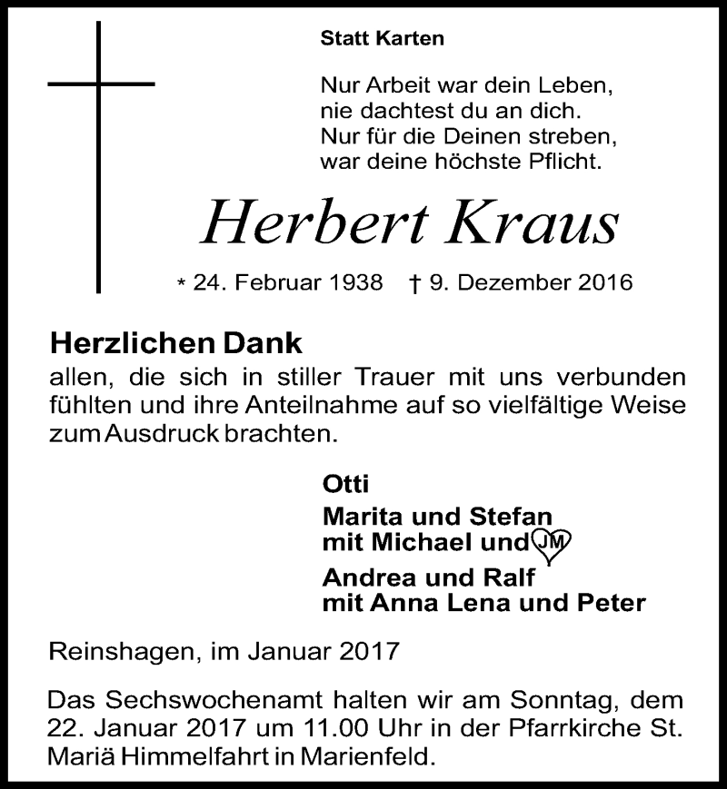  Traueranzeige für Herbert Kraus vom 18.01.2017 aus  Extra Blatt 