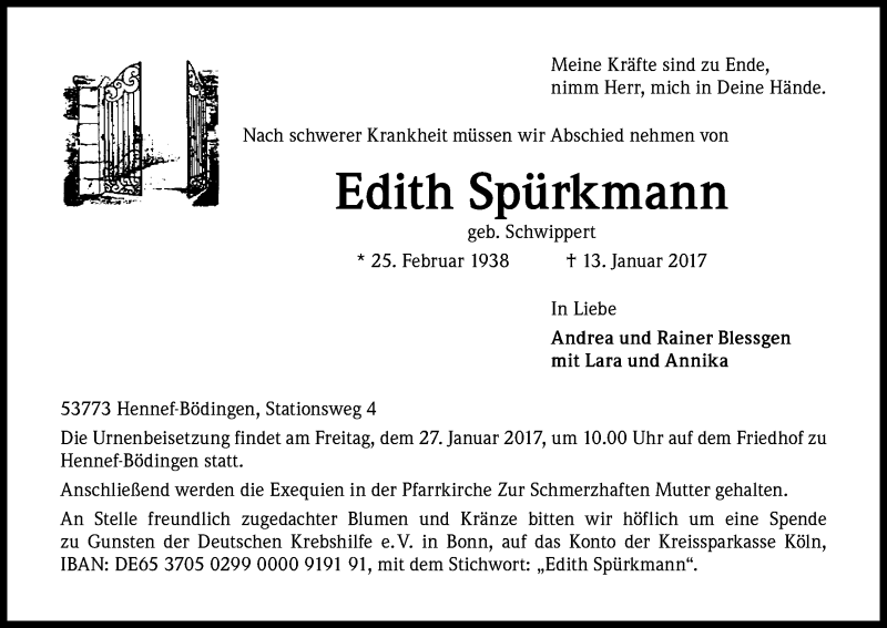  Traueranzeige für Edith Spürkmann vom 21.01.2017 aus Kölner Stadt-Anzeiger / Kölnische Rundschau / Express