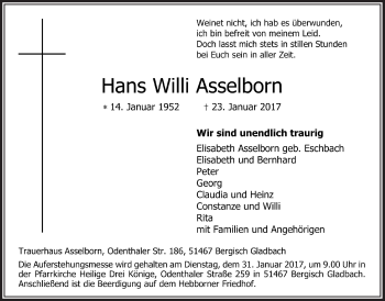Anzeige von Hans Willi Asselborn von  Bergisches Sonntagsblatt 