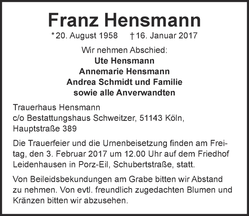  Traueranzeige für Franz Hensmann vom 25.01.2017 aus  Kölner Wochenspiegel 