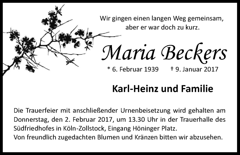  Traueranzeige für Maria Beckers vom 21.01.2017 aus Kölner Stadt-Anzeiger / Kölnische Rundschau / Express