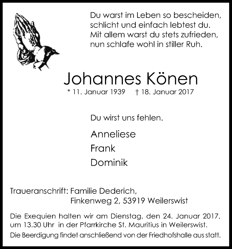  Traueranzeige für Johannes Könen vom 21.01.2017 aus Kölner Stadt-Anzeiger / Kölnische Rundschau / Express