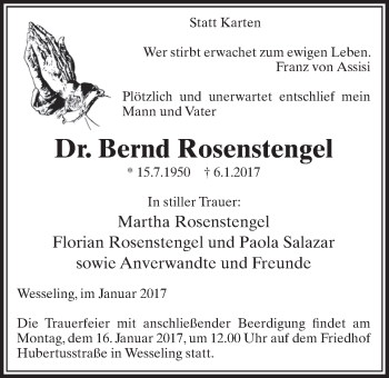 Anzeige von Bernd Rosenstengel von  Schlossbote/Werbekurier 