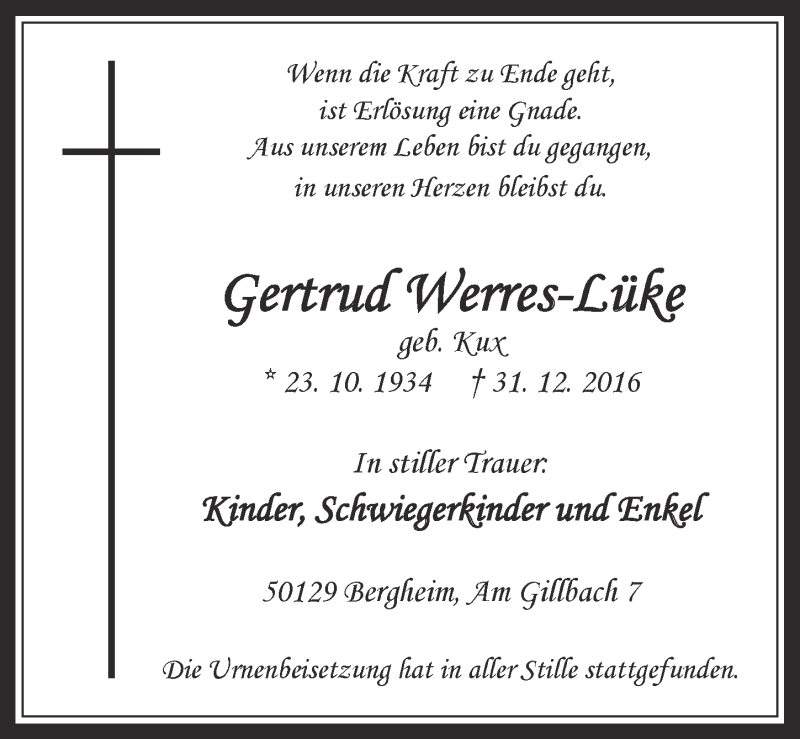  Traueranzeige für Gertrud Werres-Lüke vom 11.01.2017 aus  Wochenende  Werbepost 
