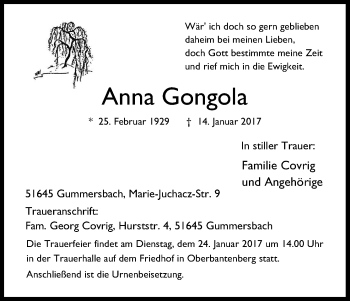 Anzeige von Anna Gongola von Kölner Stadt-Anzeiger / Kölnische Rundschau / Express