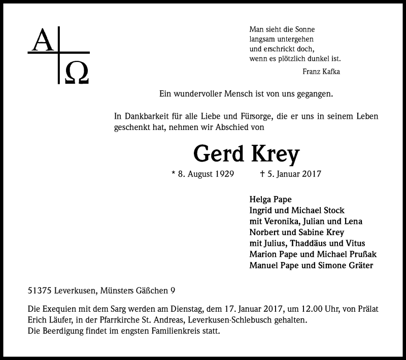  Traueranzeige für Gerd Krey vom 11.01.2017 aus Kölner Stadt-Anzeiger / Kölnische Rundschau / Express