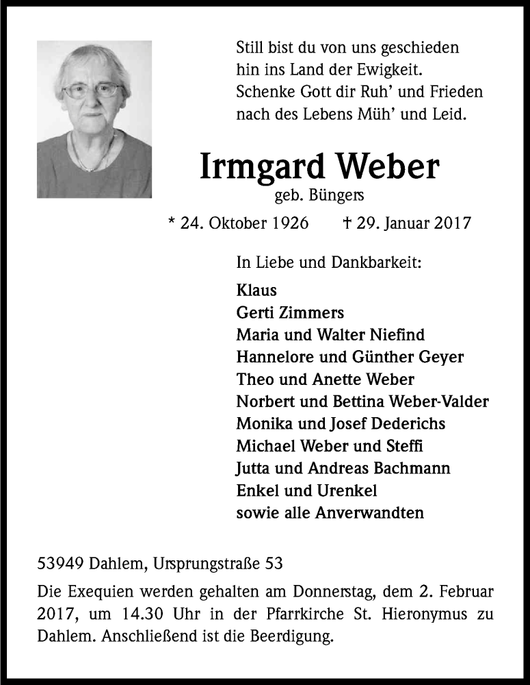  Traueranzeige für Irmgard Weber vom 01.02.2017 aus Kölner Stadt-Anzeiger / Kölnische Rundschau / Express