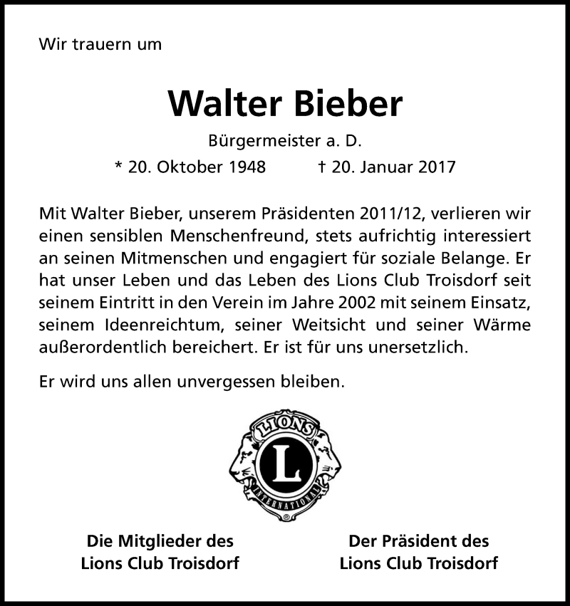  Traueranzeige für Walter Bieber vom 25.01.2017 aus Kölner Stadt-Anzeiger / Kölnische Rundschau / Express