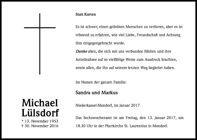  Traueranzeige für Michael Lülsdorf vom 07.01.2017 aus Kölner Stadt-Anzeiger / Kölnische Rundschau / Express