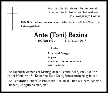 Anzeige von Ante  Bazina von Kölner Stadt-Anzeiger / Kölnische Rundschau / Express